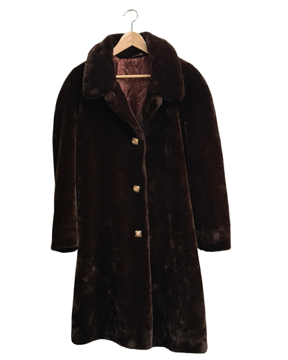Vintage 1970s Faux Fur Coat Dark Chocolate Brown XL Women