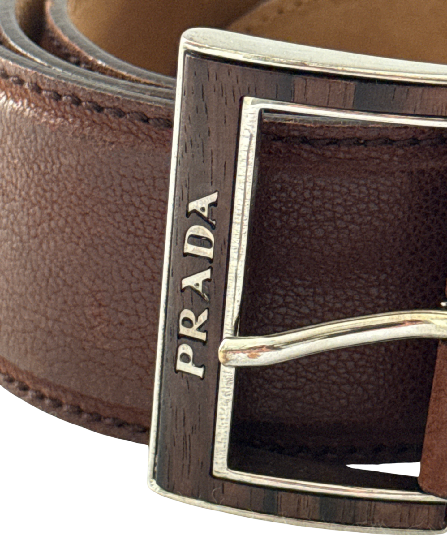 Prada Brown Leather Belt Wood-Effect Buckle size 85