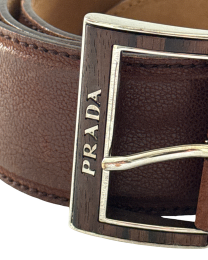 Prada Brown Leather Belt Wood-Effect Buckle size 85