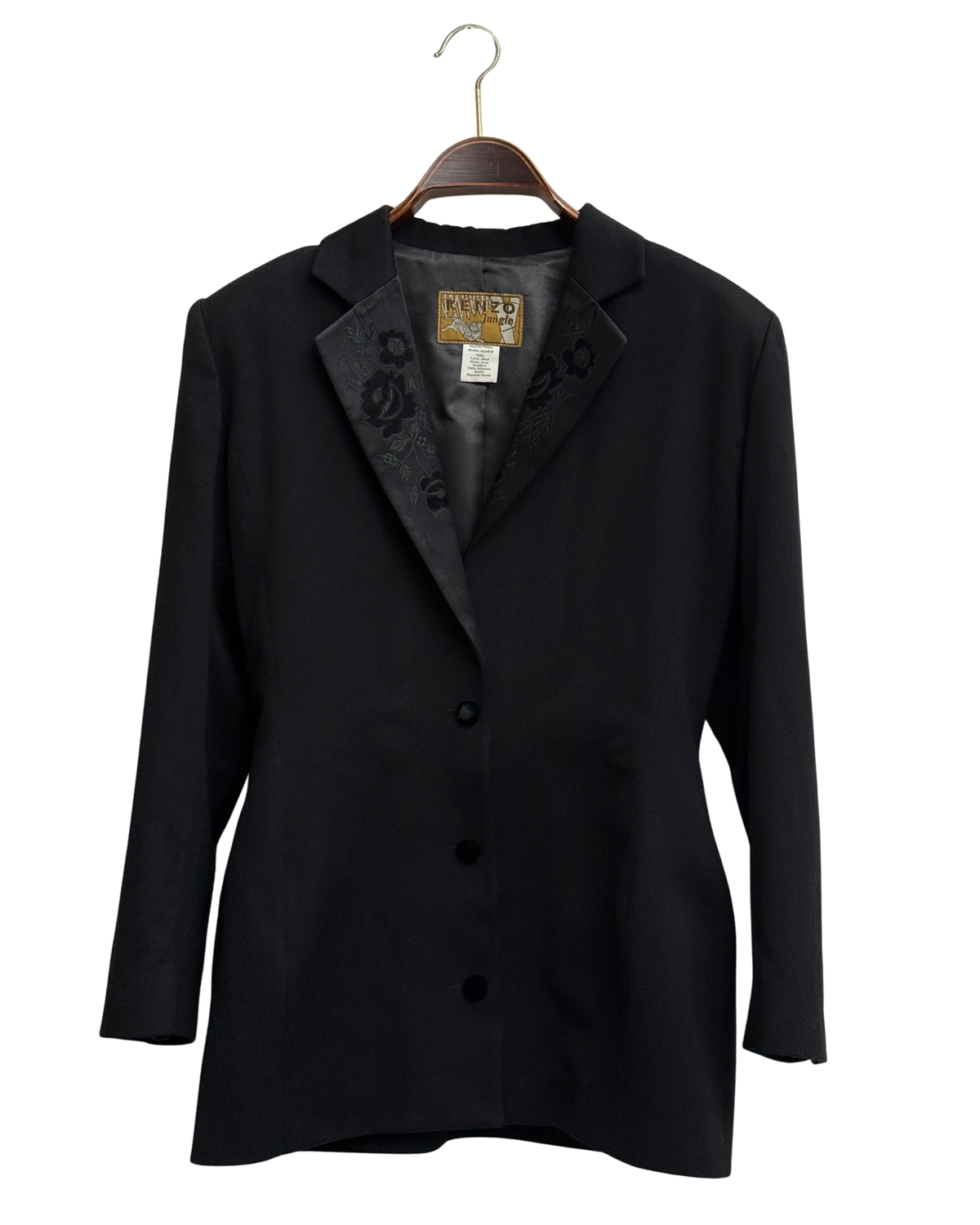 Kenzo Jungle vintage black wool blazer with floral jacquard collar Womens 42