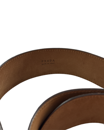 Prada Brown Leather Belt Wood-Effect Buckle size 85