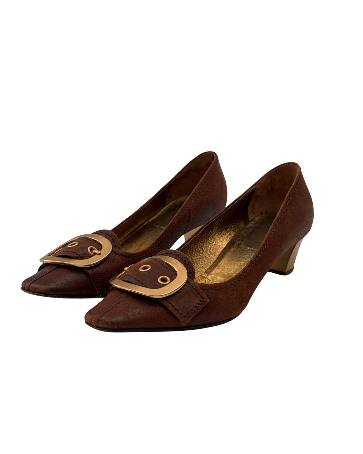Prada Early 2000s Brown Leather Buckle Pumps 37.5 Women