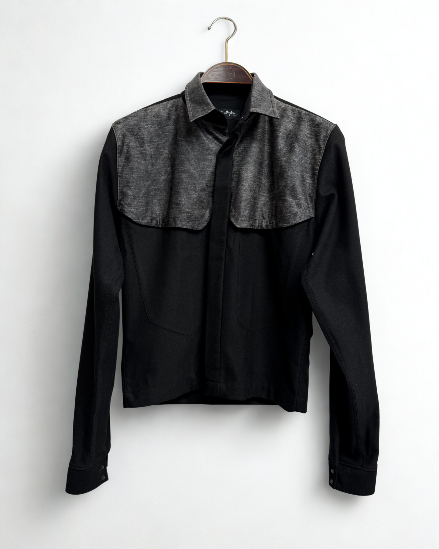 Thierry Mugler Paris Vintage 90s Two-Tone Shirt Black Grey Snap Buttons Made in France Size 38