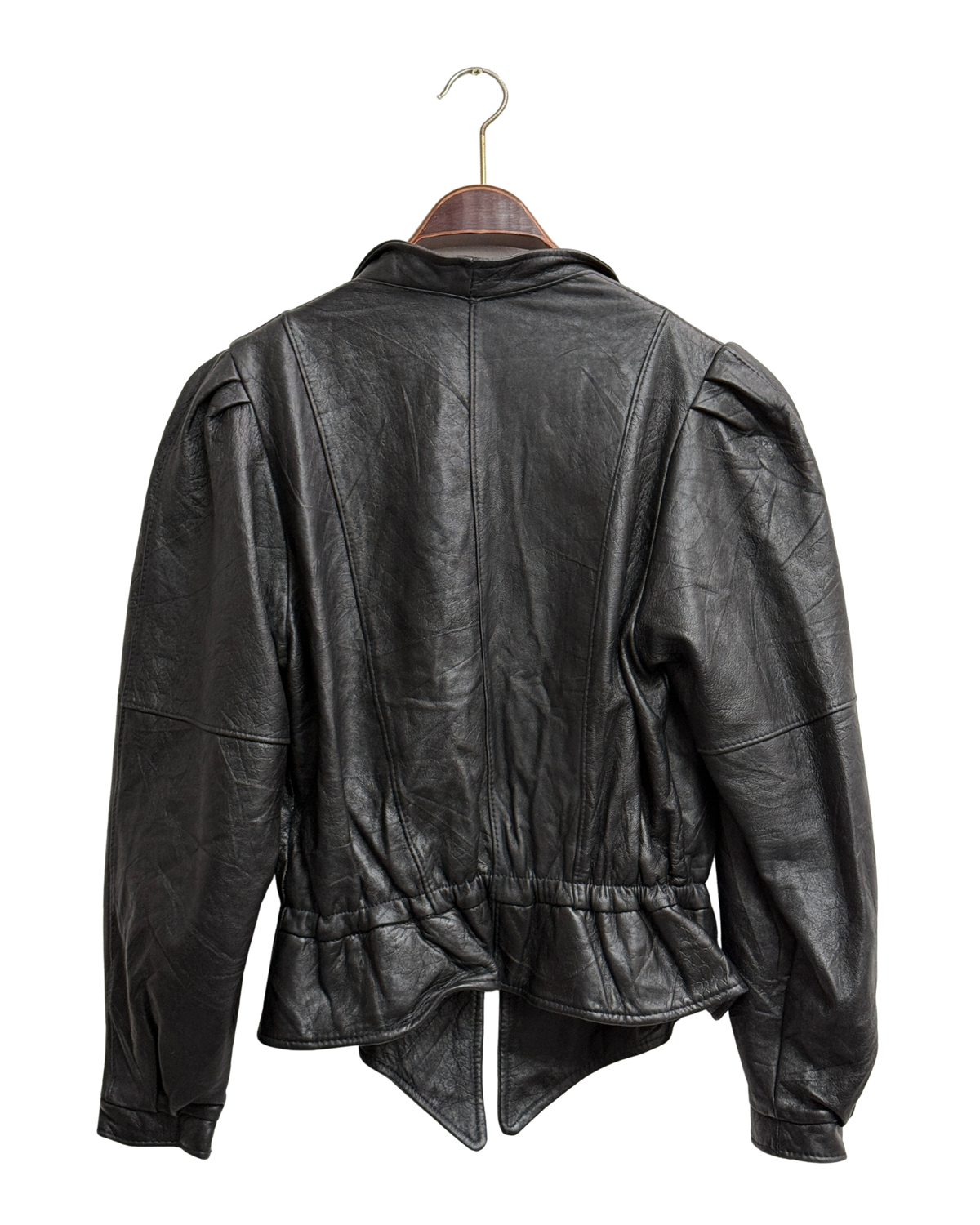 Vintage 80s Black Leather Peplum Jacket with Metallic Shawl Collar, IT 44, Women