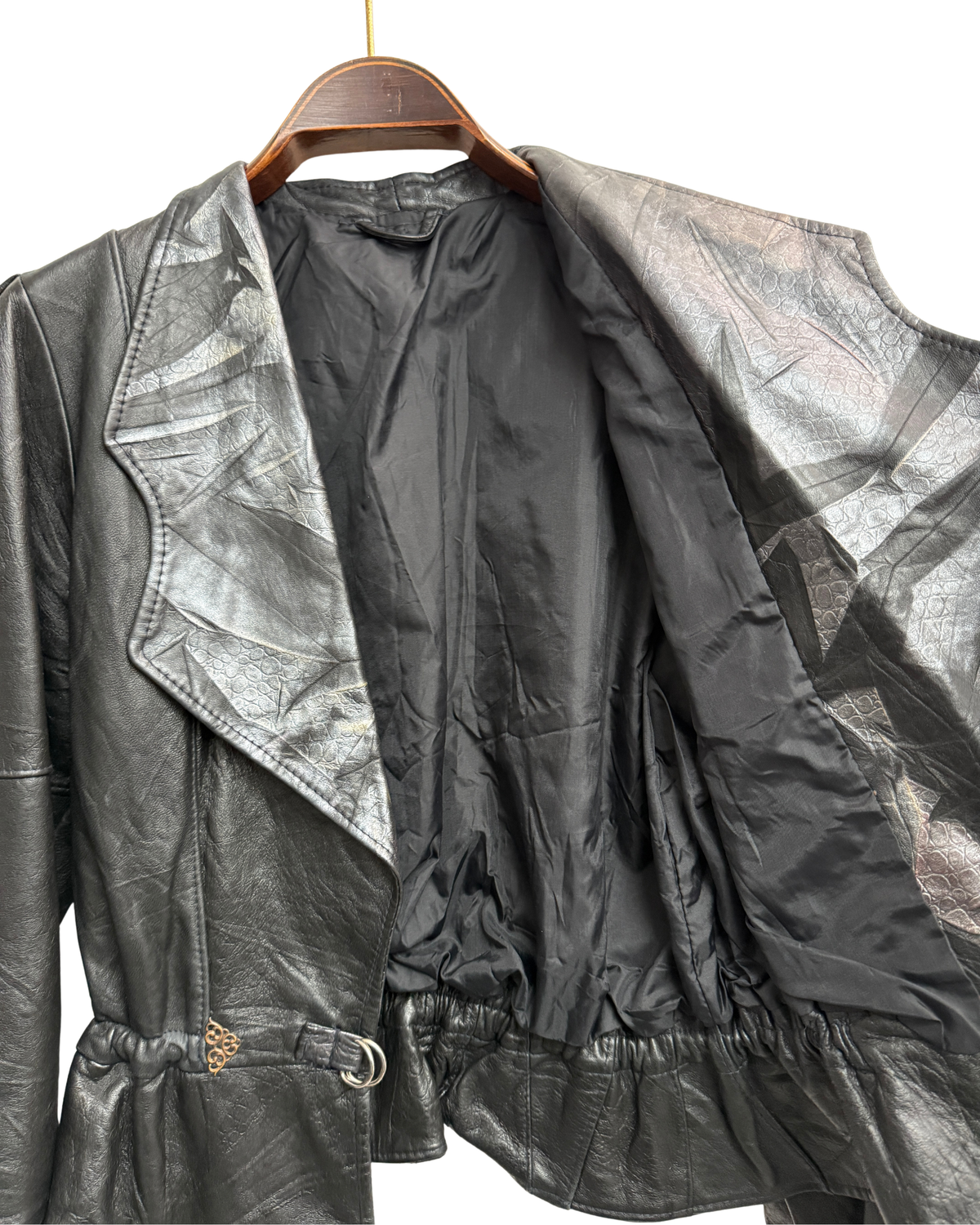 Vintage 80s Black Leather Peplum Jacket with Metallic Shawl Collar, IT 44, Women