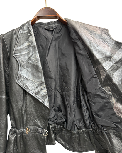 Vintage 80s Black Leather Peplum Jacket with Metallic Shawl Collar, IT 44, Women