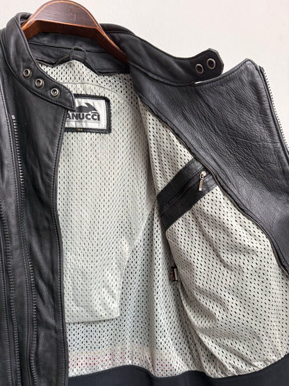Vanucci Black Leather Racing Motorcycle Jacket with White Piping, IT 54, Men