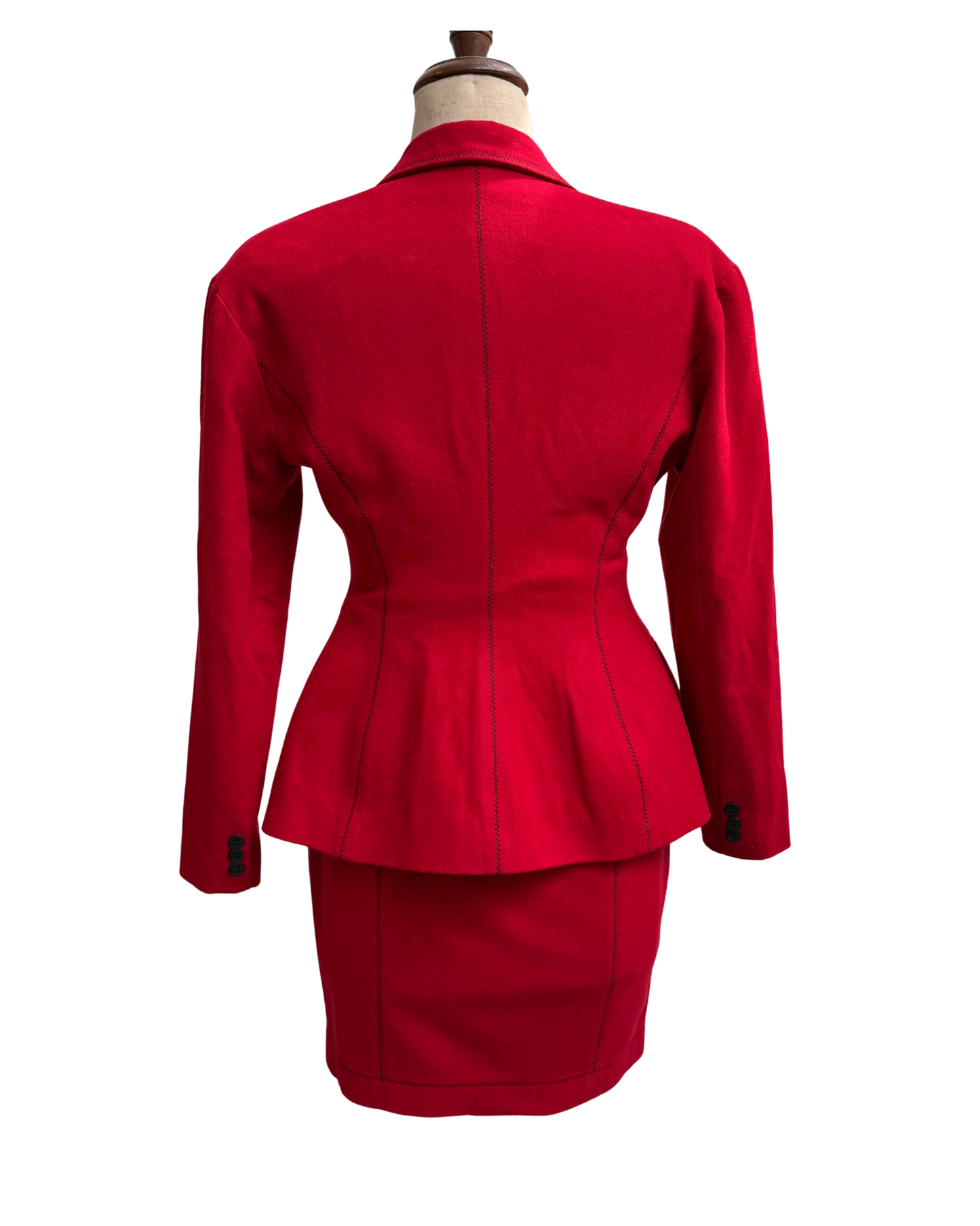 Plein Sud Vintage 1990s Wool Cashmere Skirt Suit Red Black Picot Stitch Made in France Size 38/40