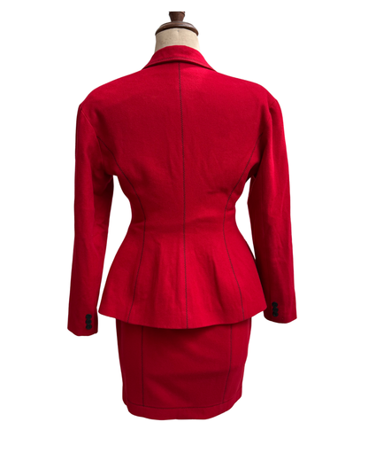 Plein Sud Vintage 1990s Wool Cashmere Skirt Suit Red Black Picot Stitch Made in France Size 38/40