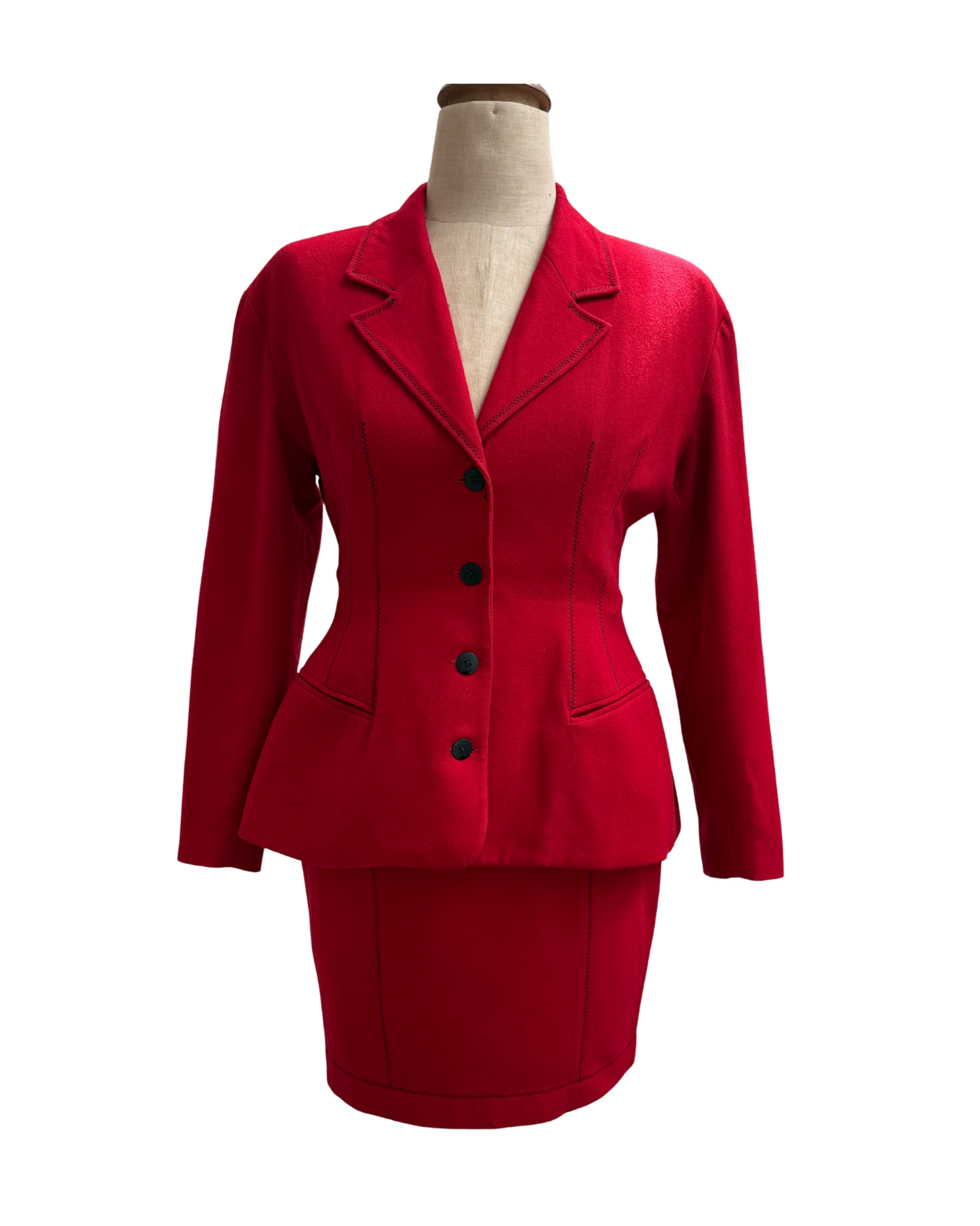 Plein Sud Vintage 1990s Wool Cashmere Skirt Suit Red Black Picot Stitch Made in France Size 38/40