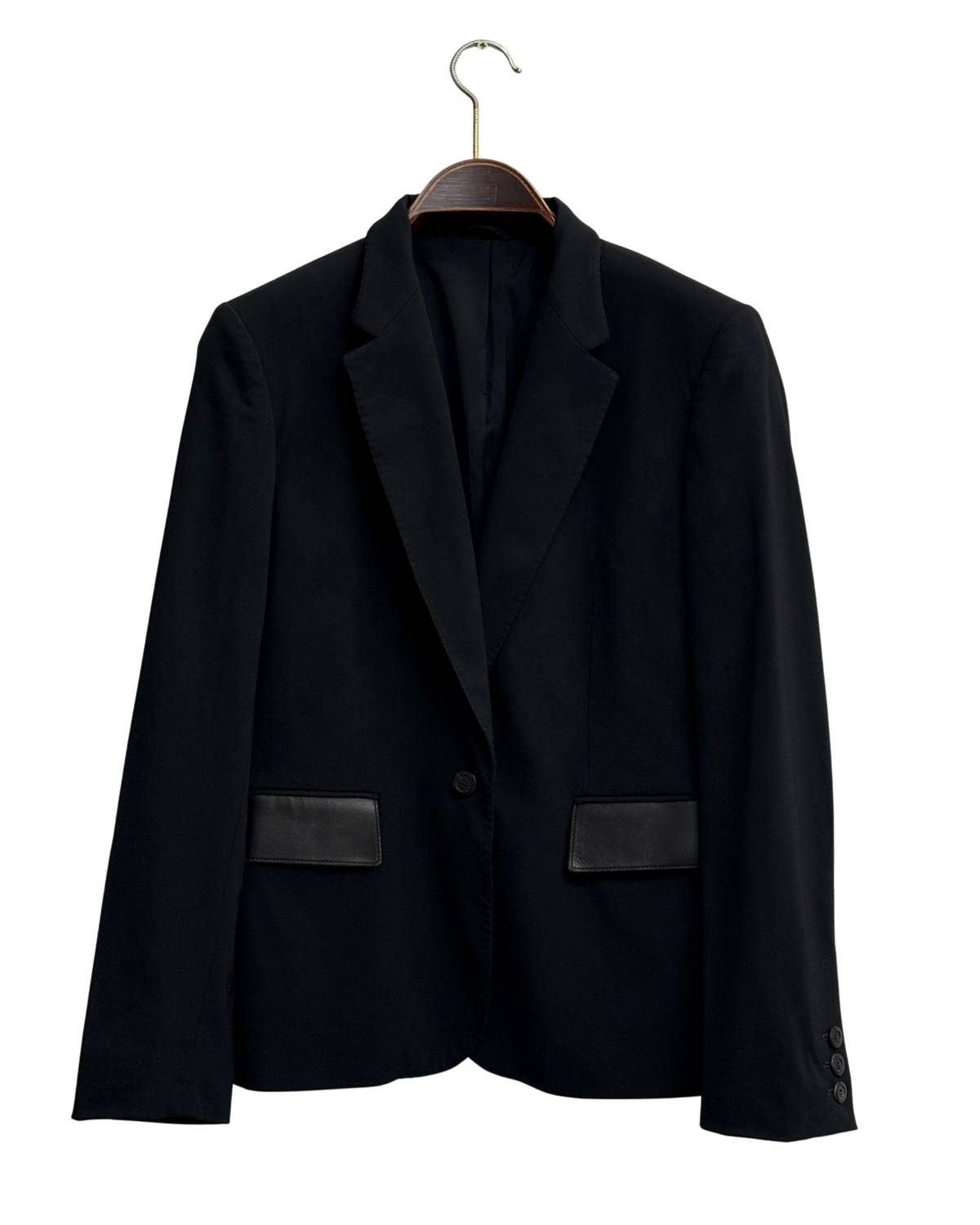 Gucci by Tom Ford blazer, black wool, leather-trimmed pockets, Size 42 IT