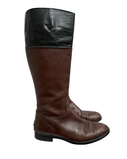 Tod's Brown Leather Riding Boots with Lizard Embossed Shaft, Women 38,5
