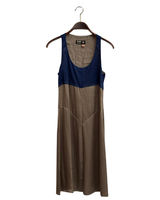 90s JPG Jean's by Gaultier taupe & blue sleeveless midi dress IT 44