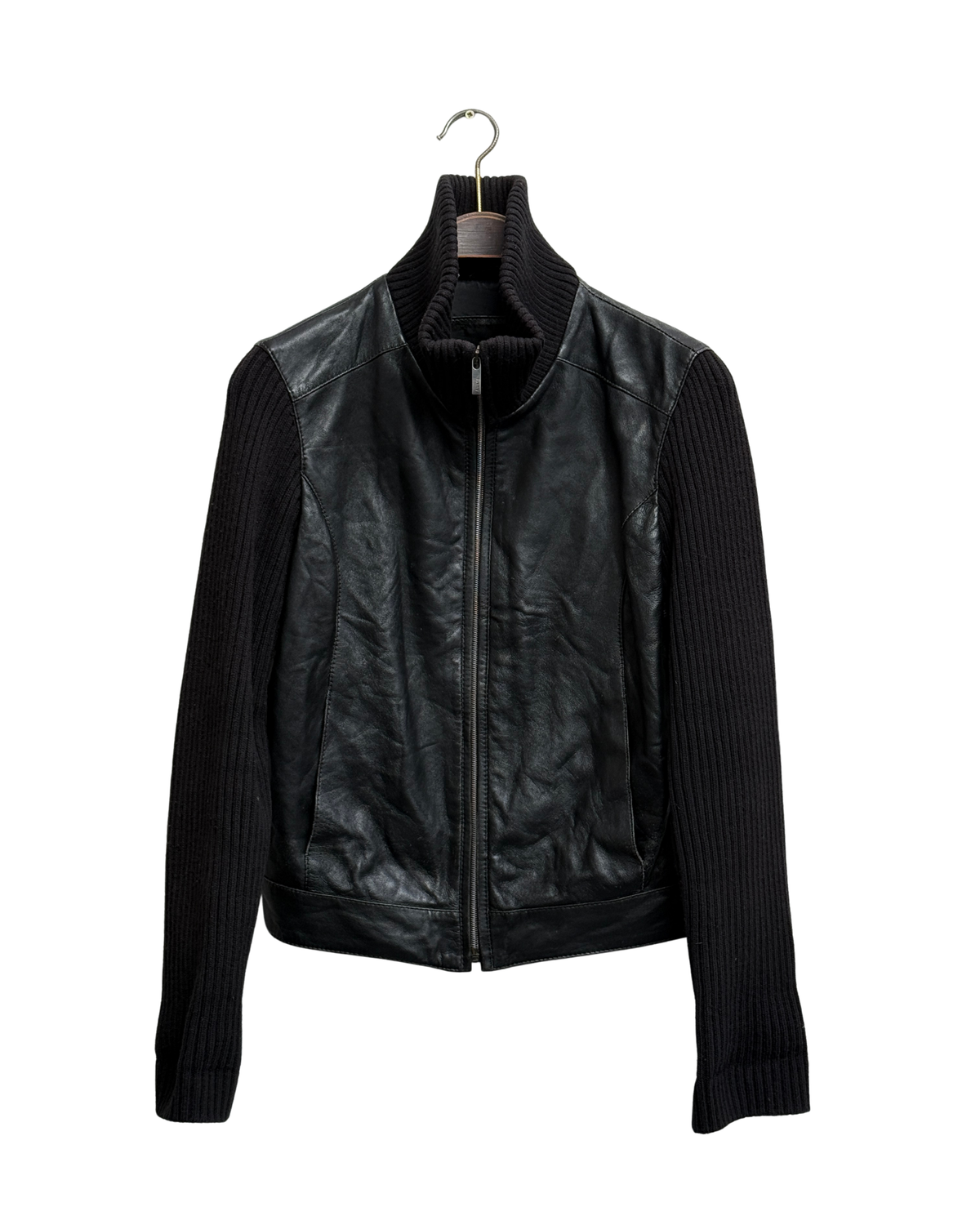 Arma Black Leather and Knit Zip Jacket with Funnel Collar, IT 44, Women