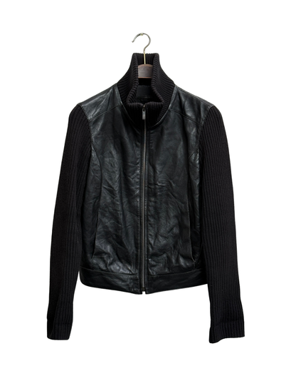 Arma Black Leather and Knit Zip Jacket with Funnel Collar, IT 44, Women