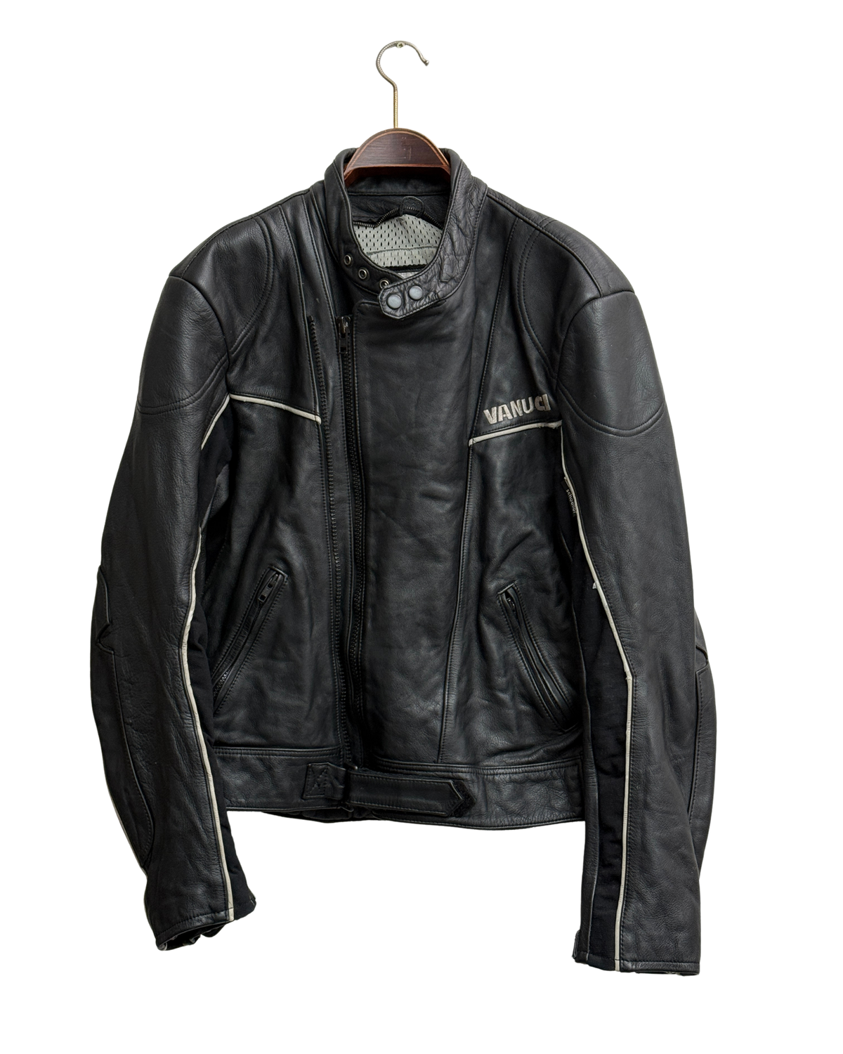 Vanucci Black Leather Racing Motorcycle Jacket with White Piping, IT 54, Men