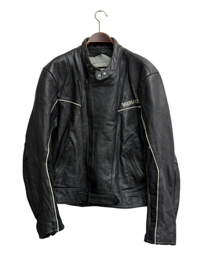 Vanucci Black Leather Racing Motorcycle Jacket with White Piping, IT 54, Men