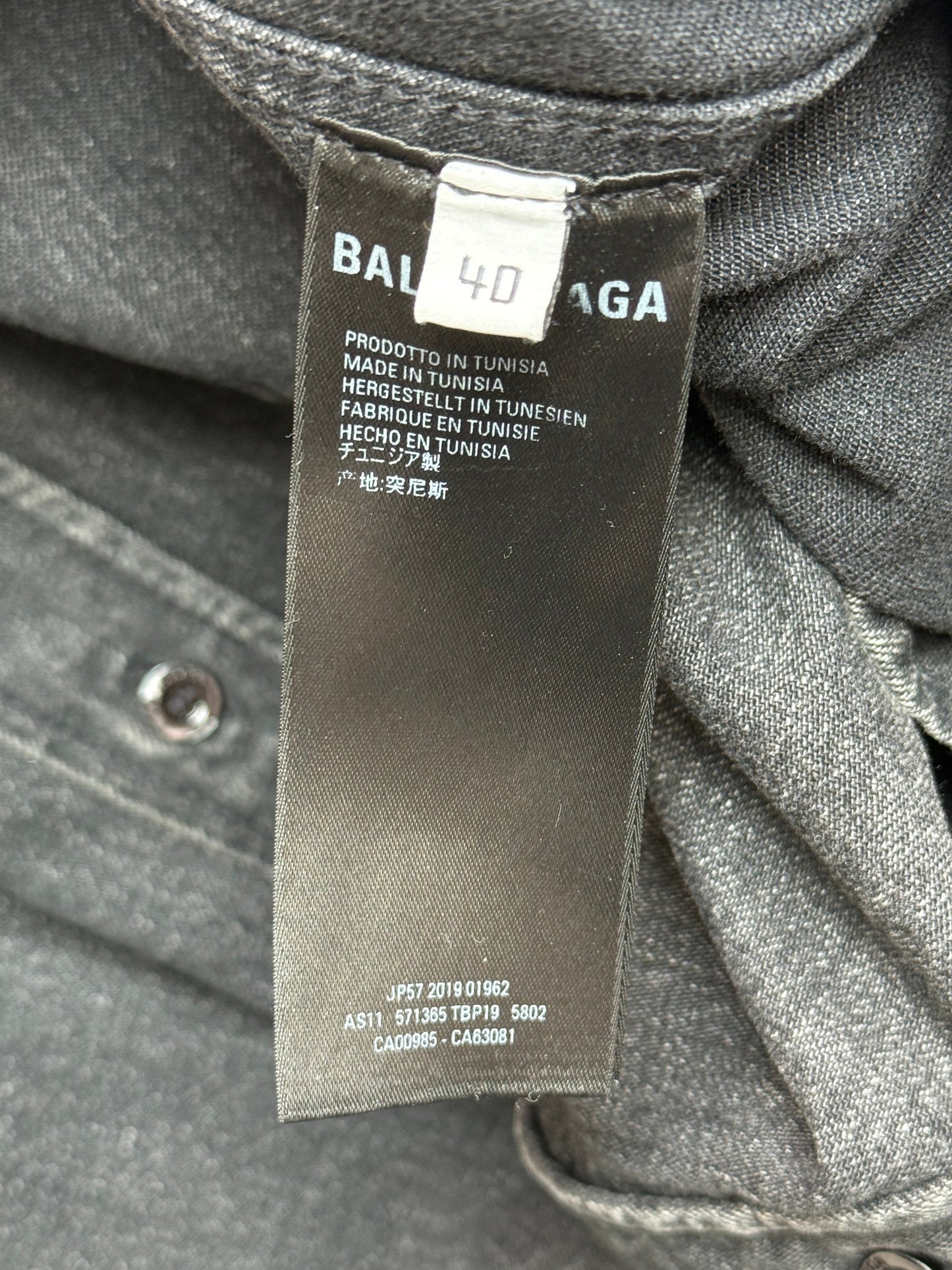 Balenciaga 2019 Washed Black Denim Shirt Red Logo Back Print Branded Buttons Men Size 40 / XXL