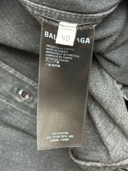 Balenciaga 2019 Washed Black Denim Shirt Red Logo Back Print Branded Buttons Men Size 40 / XXL