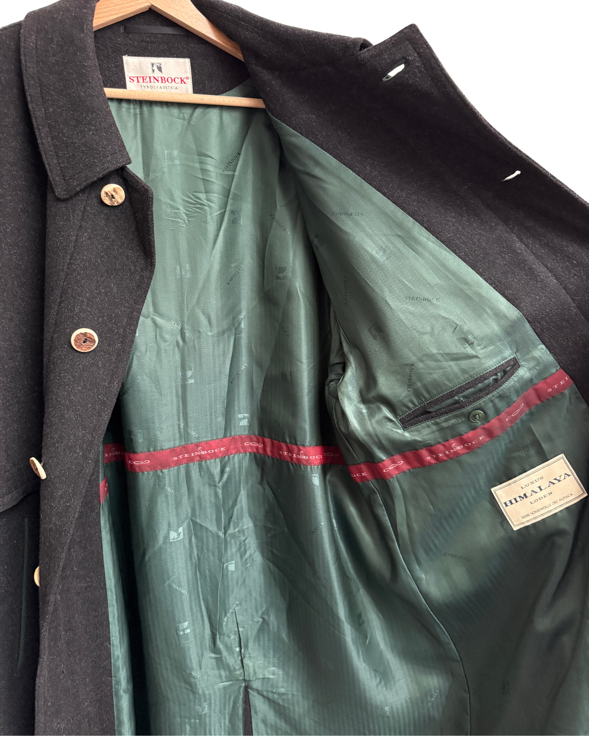 Steinbock Tyrol Austria Dark Charcoal Virgin Wool Loden Coat with Shoulder Cape, Size 56, Men