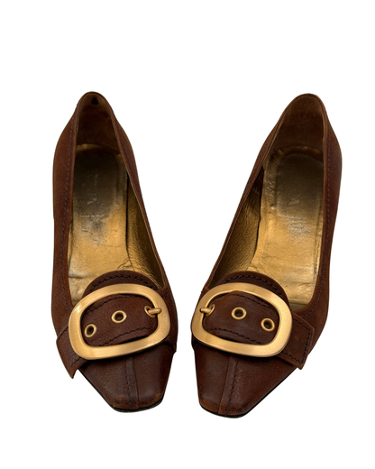 Prada Early 2000s Brown Leather Buckle Pumps 37.5 Women
