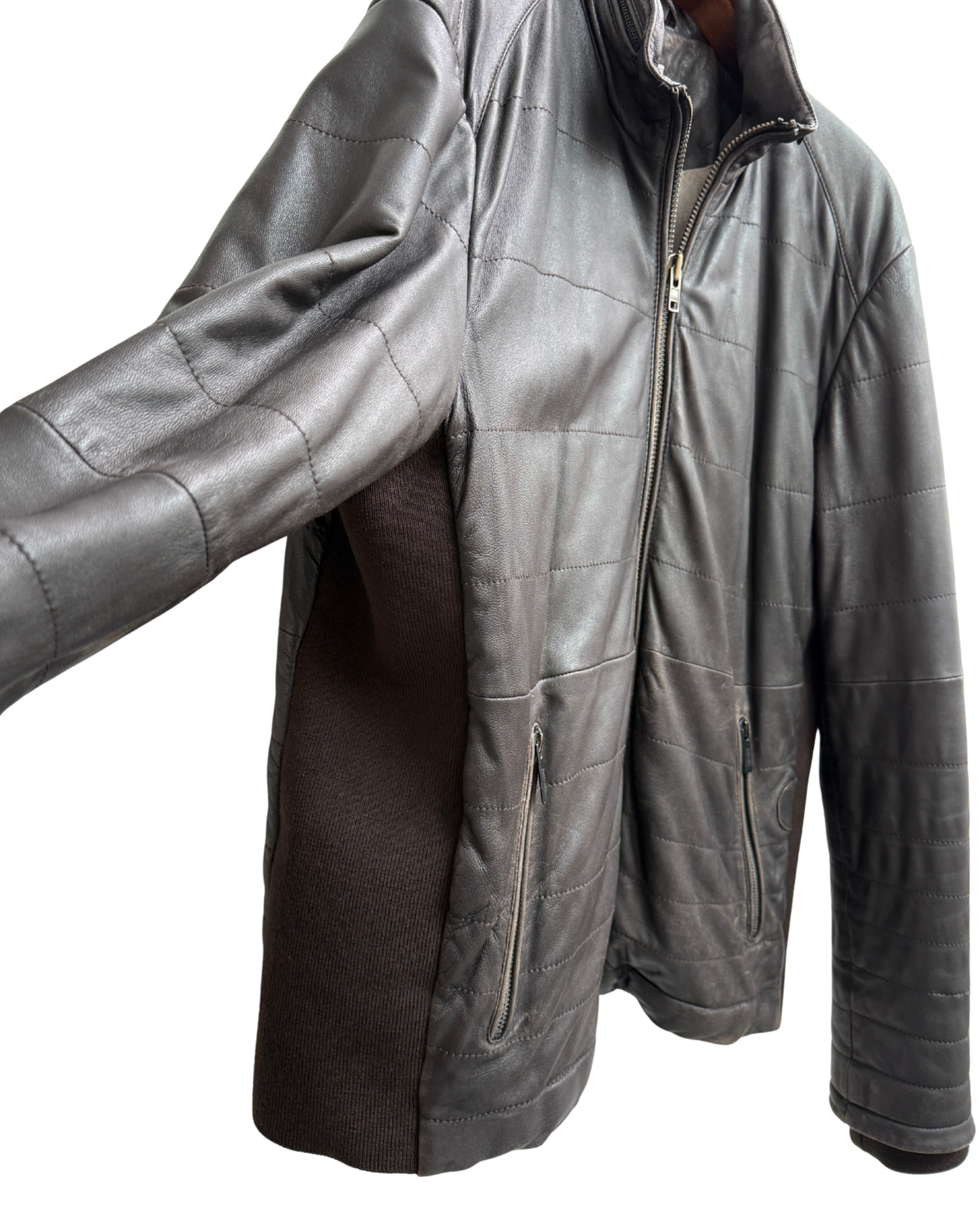 Armani Collezioni Brown Lamb Leather Quilted Jacket with Knit Panels Men Size 56