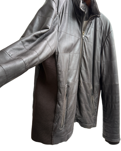 Armani Collezioni Brown Lamb Leather Quilted Jacket with Knit Panels Men Size 56