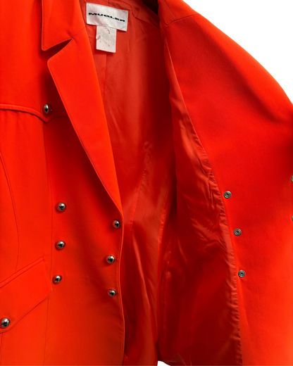 Mugler vintage 90s orange double breasted blazer, silver buttons FR 38
