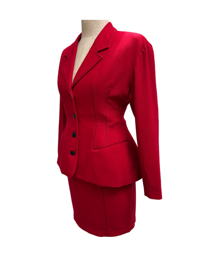 Plein Sud Vintage 1990s Wool Cashmere Skirt Suit Red Black Picot Stitch Made in France Size 38/40