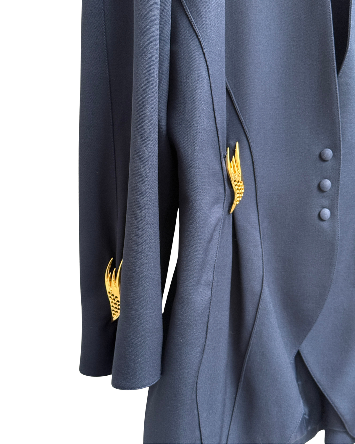 Thierry Mugler vintage navy wool blazer with gold wing motifs size 42