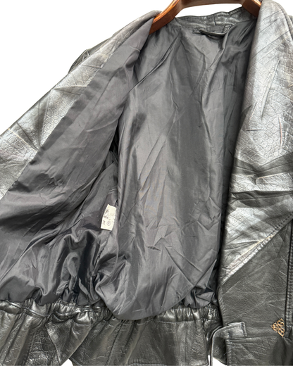 Vintage 80s Black Leather Peplum Jacket with Metallic Shawl Collar, IT 44, Women