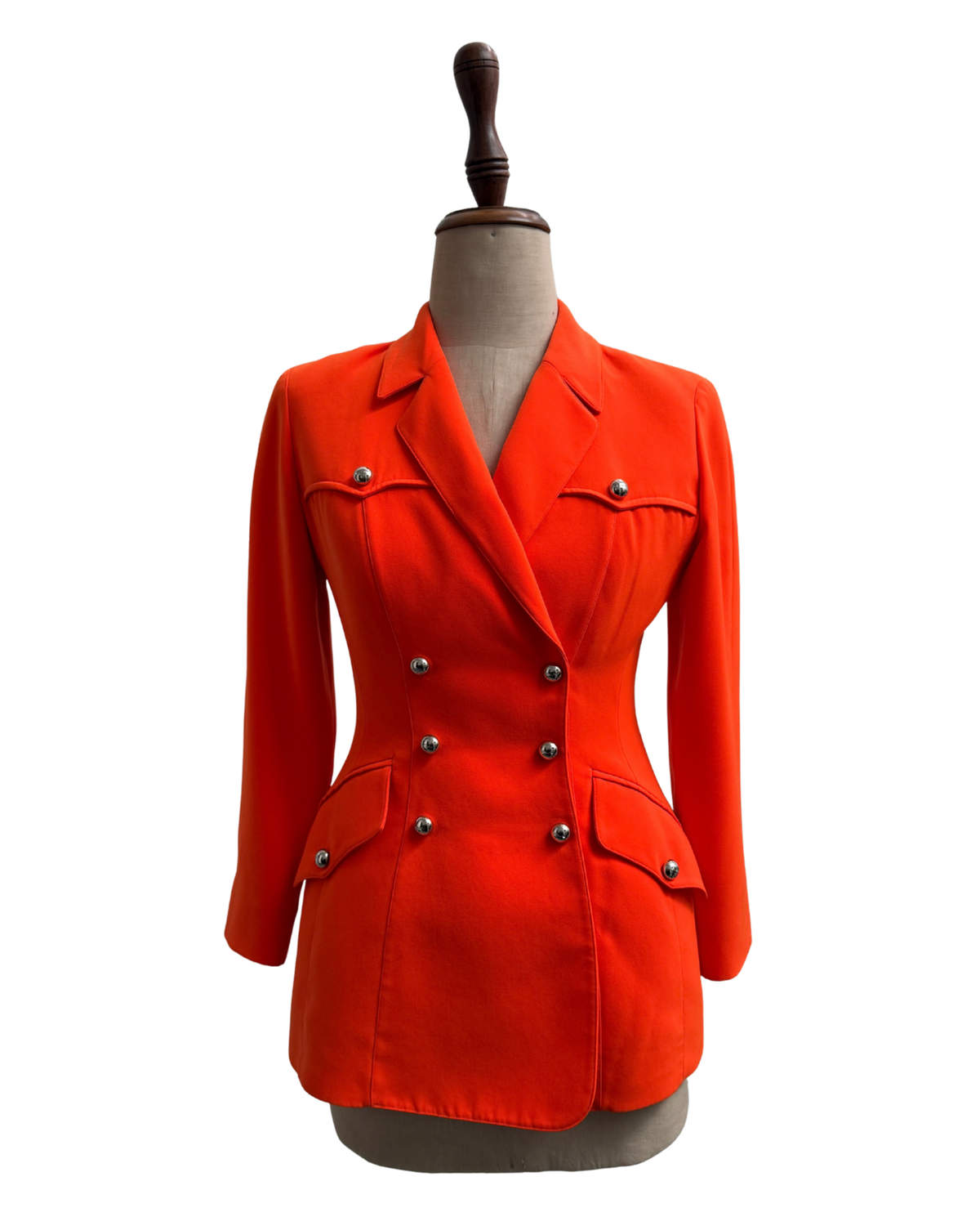 Mugler vintage 90s orange double breasted blazer, silver buttons FR 38