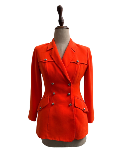Mugler vintage 90s orange double breasted blazer, silver buttons FR 38