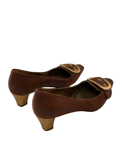 Prada Early 2000s Brown Leather Buckle Pumps 37.5 Women