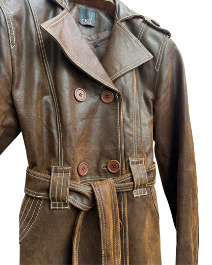 Distressed Brown Leather Trench Jacket, Womens M