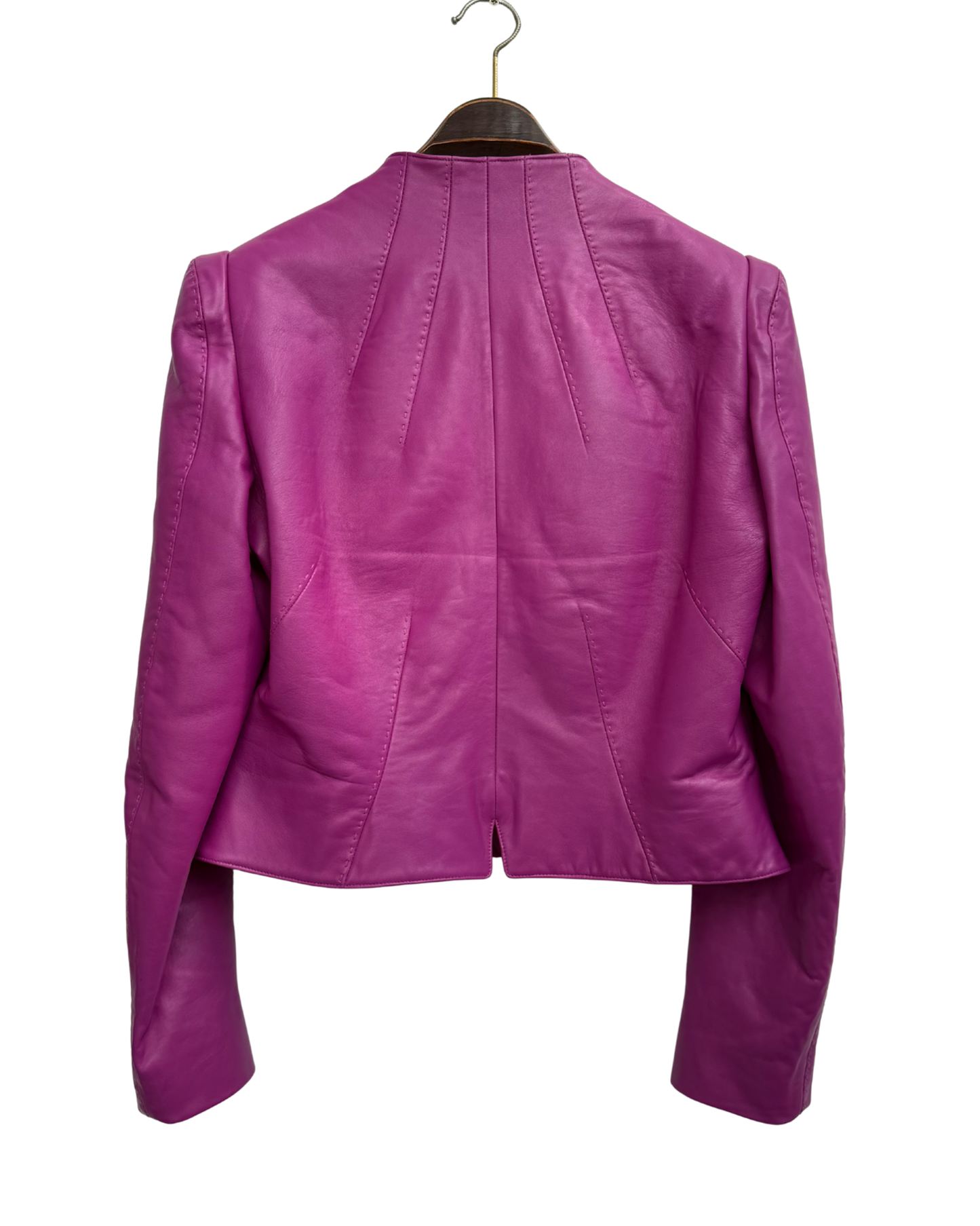 Mugler Cropped Lamb Leather Jacket Fuchsia Magenta Star Zip EU 42