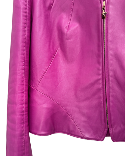Mugler Cropped Lamb Leather Jacket Fuchsia Magenta Star Zip EU 42