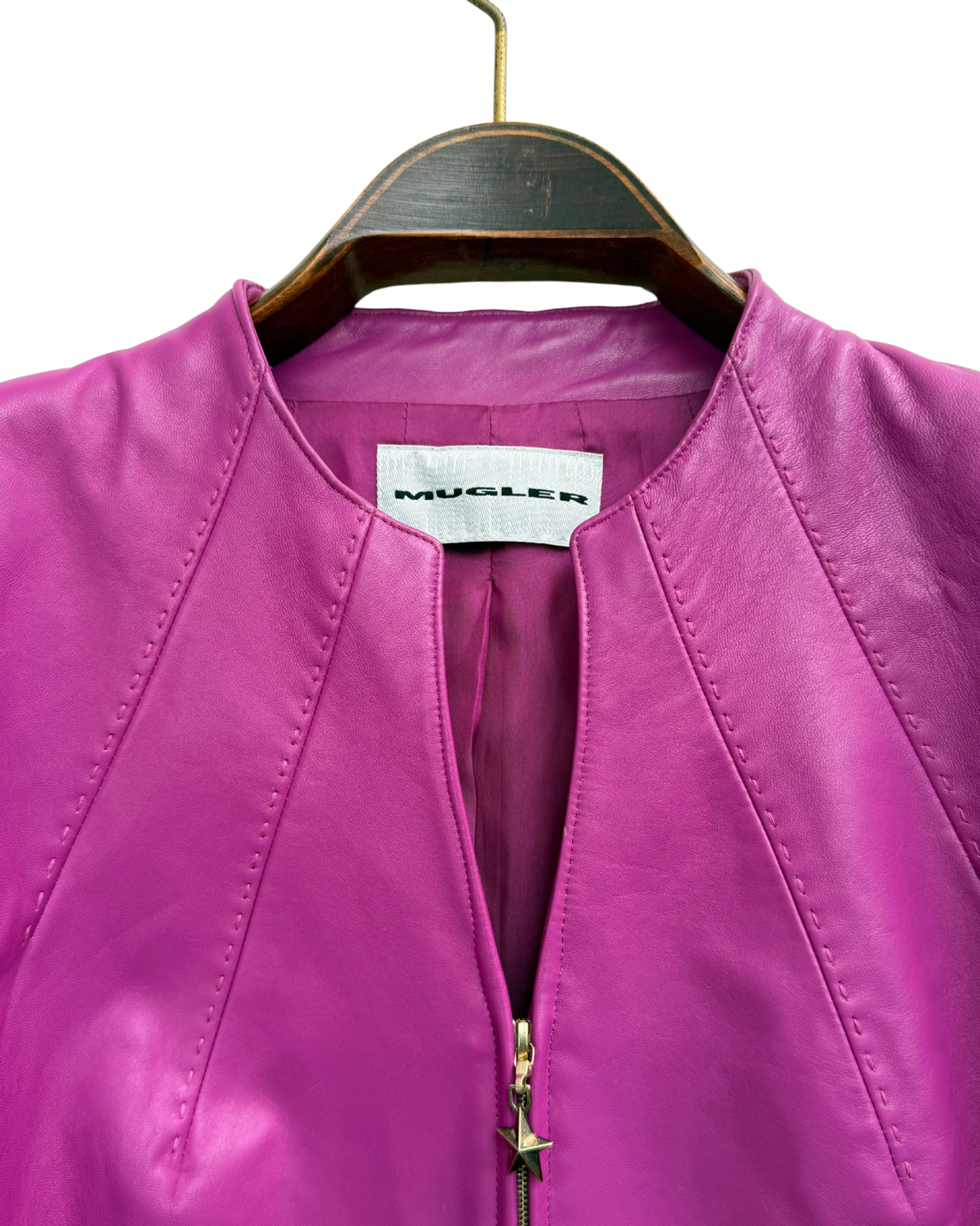 Mugler Cropped Lamb Leather Jacket Fuchsia Magenta Star Zip EU 42
