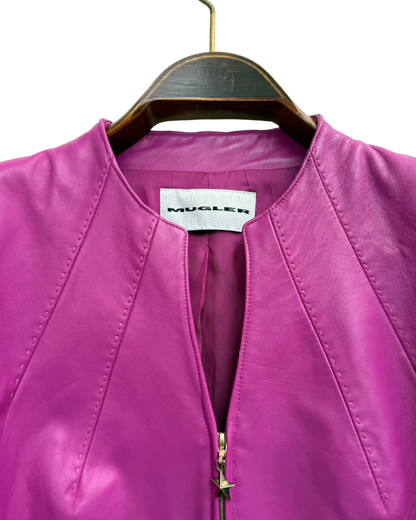Mugler Cropped Lamb Leather Jacket Fuchsia Magenta Star Zip EU 42