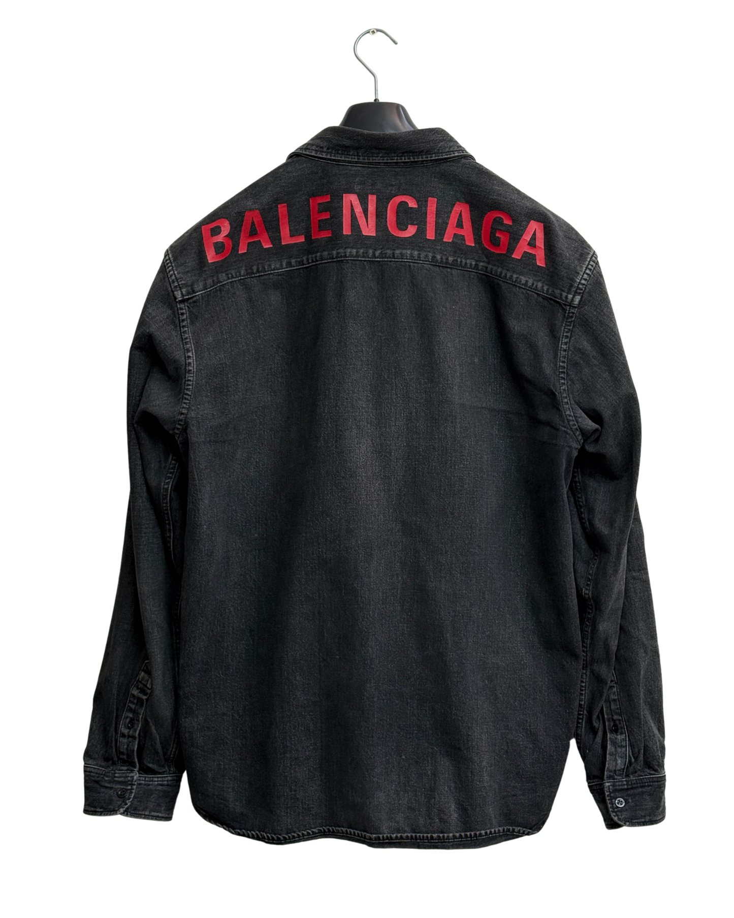 Balenciaga 2019 Washed Black Denim Shirt Red Logo Back Print Branded Buttons Men Size 40 / XXL