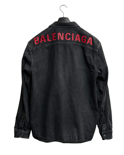 Balenciaga 2019 Washed Black Denim Shirt Red Logo Back Print Branded Buttons Men Size 40 / XXL