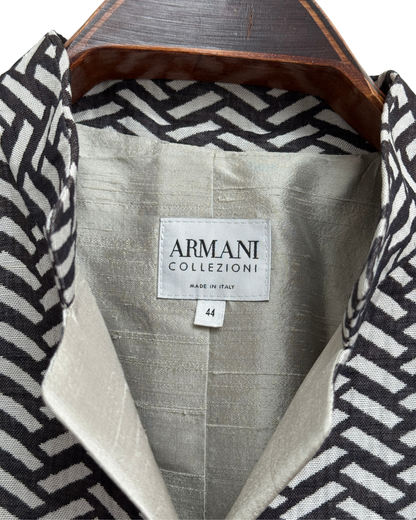 Armani Collezioni Linen Blend Geometric Blazer Black White Silk Lining Size 44 IT Made in Italy 2005