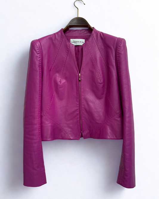 Mugler Cropped Lamb Leather Jacket Fuchsia Magenta Star Zip EU 42