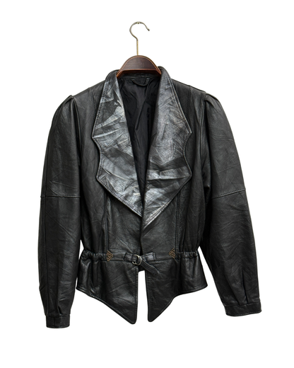 Vintage 80s Black Leather Peplum Jacket with Metallic Shawl Collar, IT 44, Women