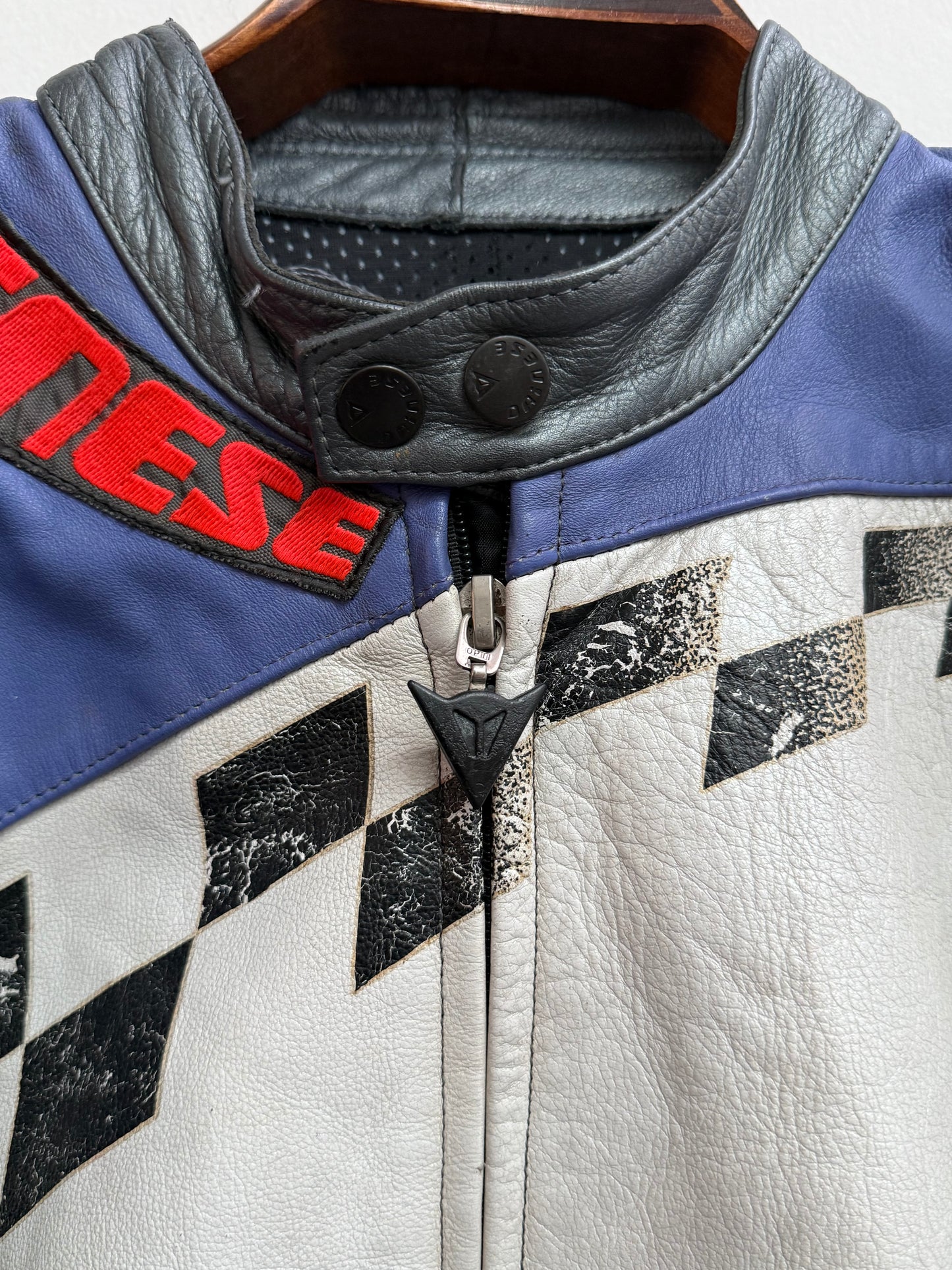Dainese Vintage 1990s Racing Leather Jacket Checkerboard Blue White Red MotoGP Legend Label Size 50
