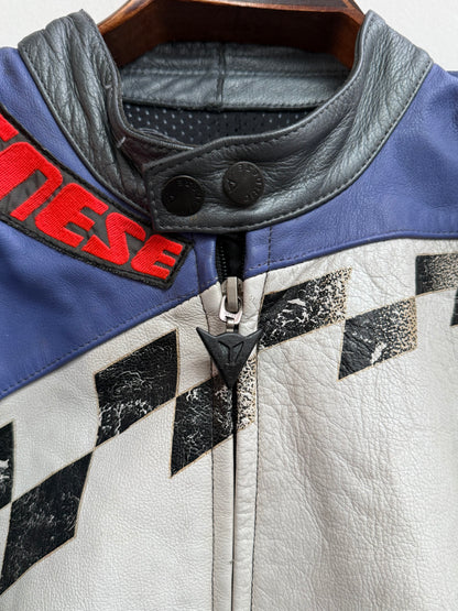 Dainese Vintage 1990s Racing Leather Jacket Checkerboard Blue White Red MotoGP Legend Label Size 50