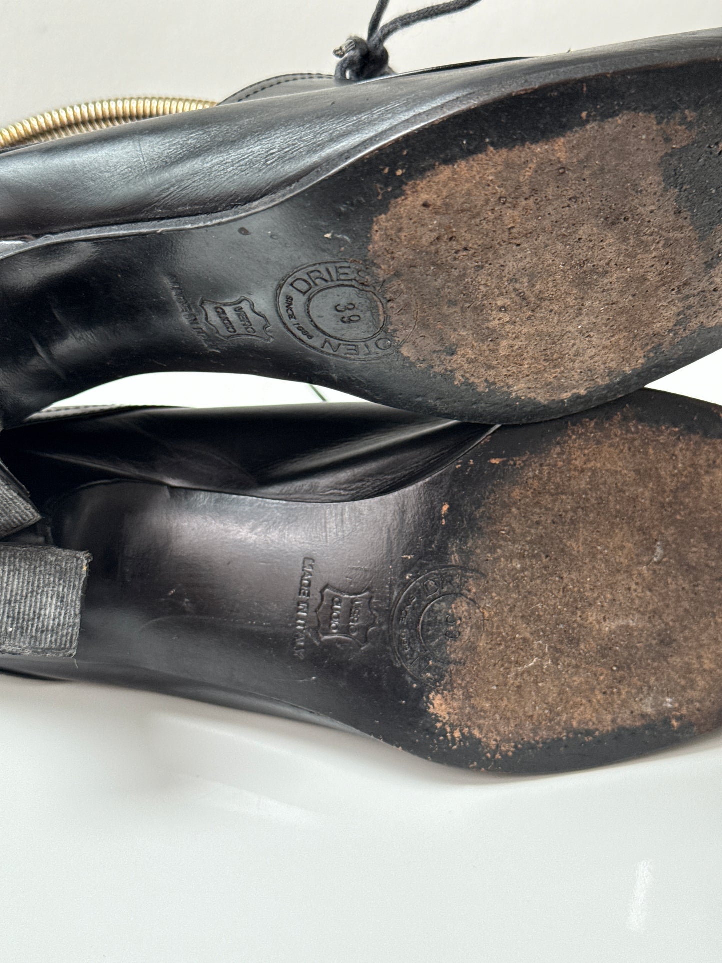 Dries Van Noten Vintage black leather lace-up mules size 39