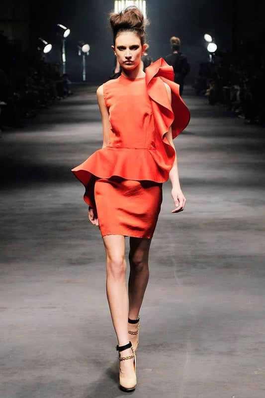 2010 ete Lanvin runway dress, red silk, asymmetric ruffle, 40 FR