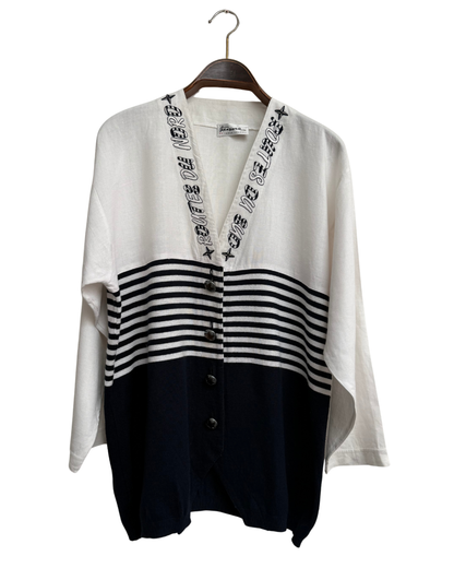 Atenzione by Carlo Colucci Vintage 1990s Marinière Hybrid Cardigan White Navy Embroidered Size 44