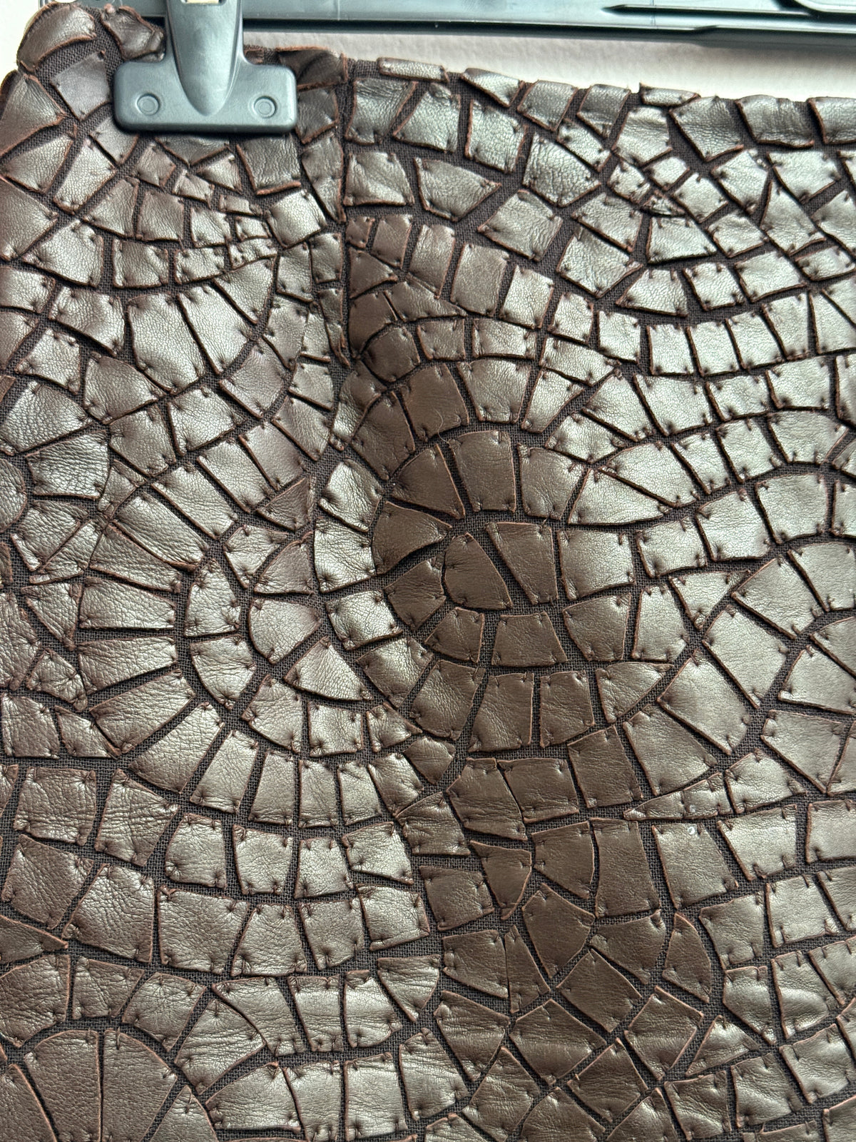 Guy Laroche vintage brown wool skirt with hand-tacked leather mosaic appliqué FR 40